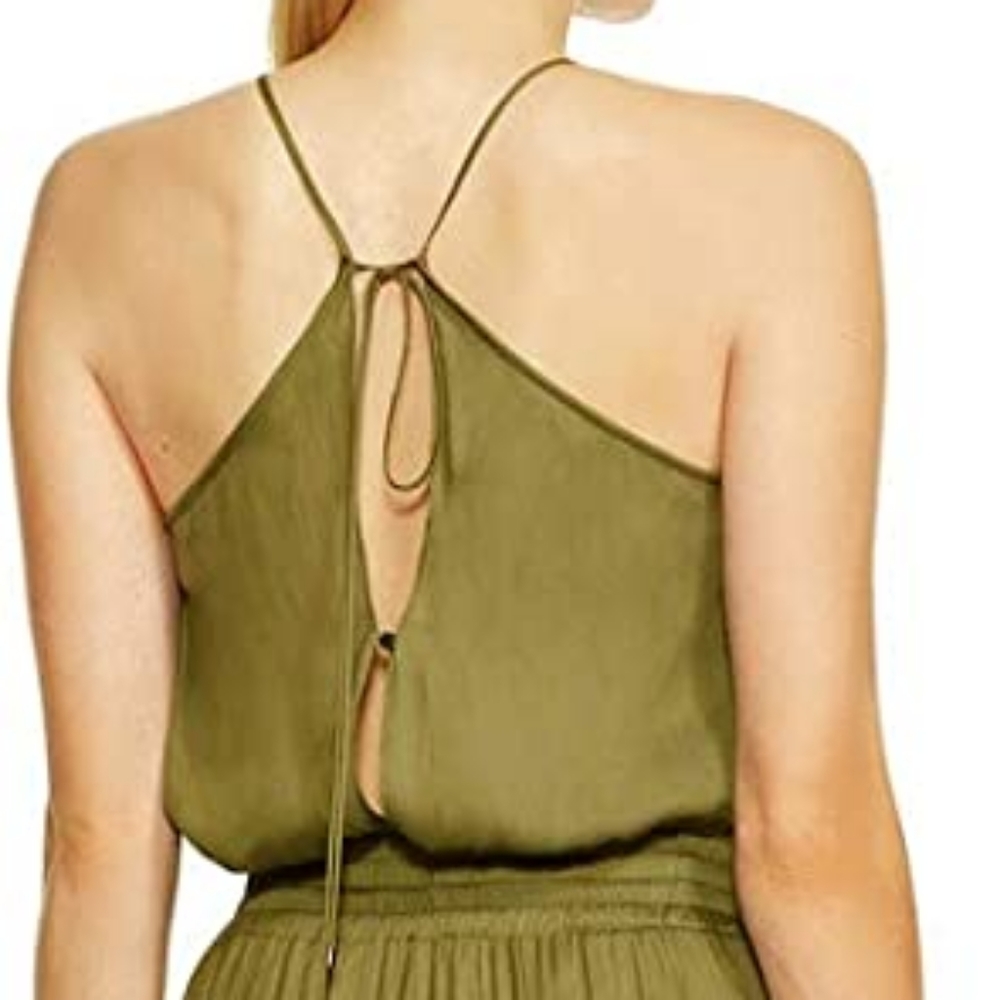  HALSTON women's Silk  Sleeveless Square-neck Jumpsuit With Smocking - Picture 3 of 4
